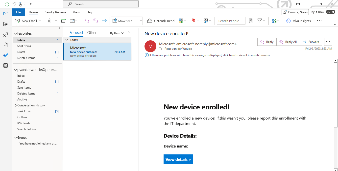 User experience: enrollment notification email in Outlook on Windows